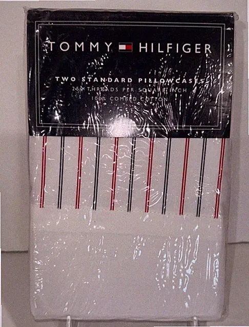 2 TOMMY HILFIGER Red White Blue Stripes Standard Size Pillowcases WELLESLEY NIP