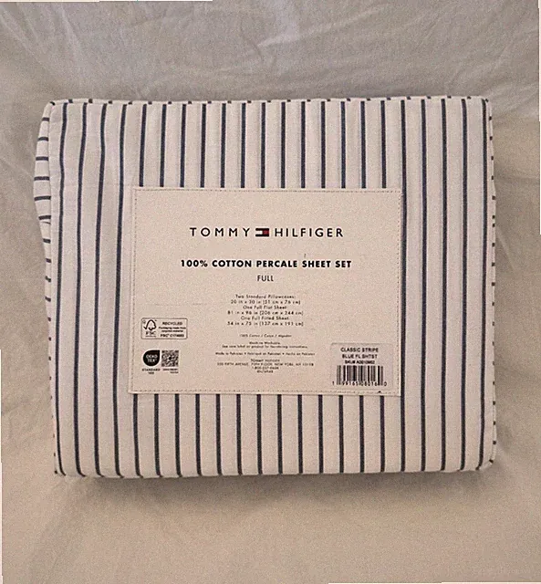 4 pc Tommy Hilfiger Classic Stripe 100% Cotton Blue & White Full Sheet Set NIP