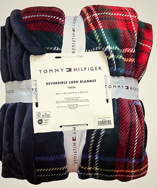 New 60x90 Tommy Hilfiger Reversible Twin Plush Blanket Devon Tartan Blue Plaid