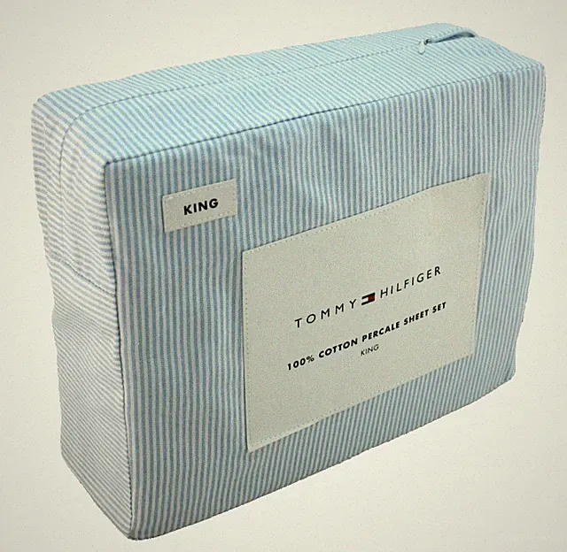 New TOMMY HILFIGER Ithaca Stripe King Size Blue / White Cotton Percale Sheet Set
