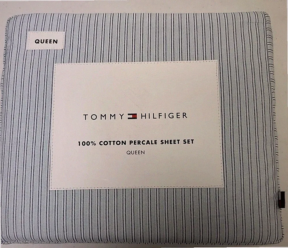New TOMMY HILFIGER Ithaca Stripe Queen Size Blue/White Cotton Percale Sheet Set
