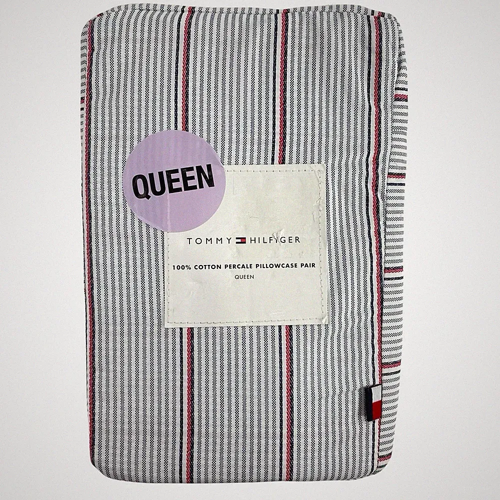 NEW Tommy Hilfiger QUEEN Pillowcases S/2 Navy Blue Striped 100% Cotton Percale