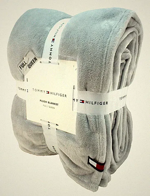 New TOMMY HILFIGER Queen Size Grey with TH Badge Logo Classic Micromink Blanket