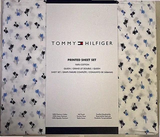 NIP TOMMY HILFIGER 100% PREMIUM COTTON WHITE/BLUE PRINTED QUEEN SHEET SET