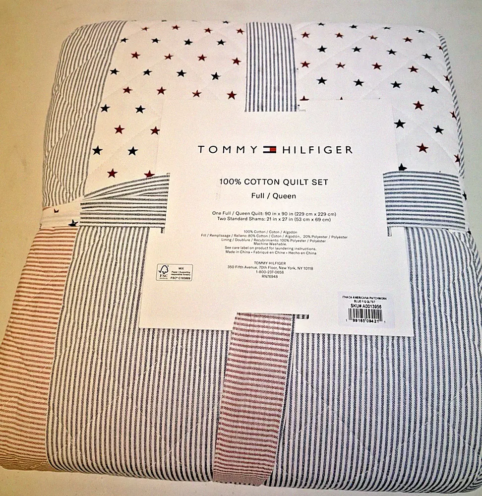 NWT Tommy Hilfiger Ithaca Blue Multicolor Stripes Anchors Full Queen Quilt Set