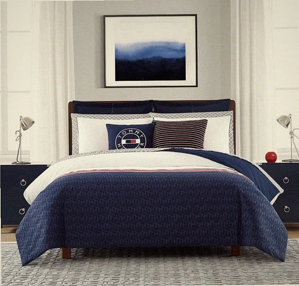 NWT Tommy Hilfiger TH Cube Navy White King Duvet Cover & Shams Set