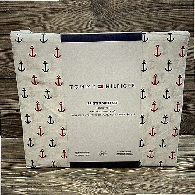 Tommy Hilfiger 100% Cotton KING 4 Piece Sheet Set Anchor Print Nautical NEW