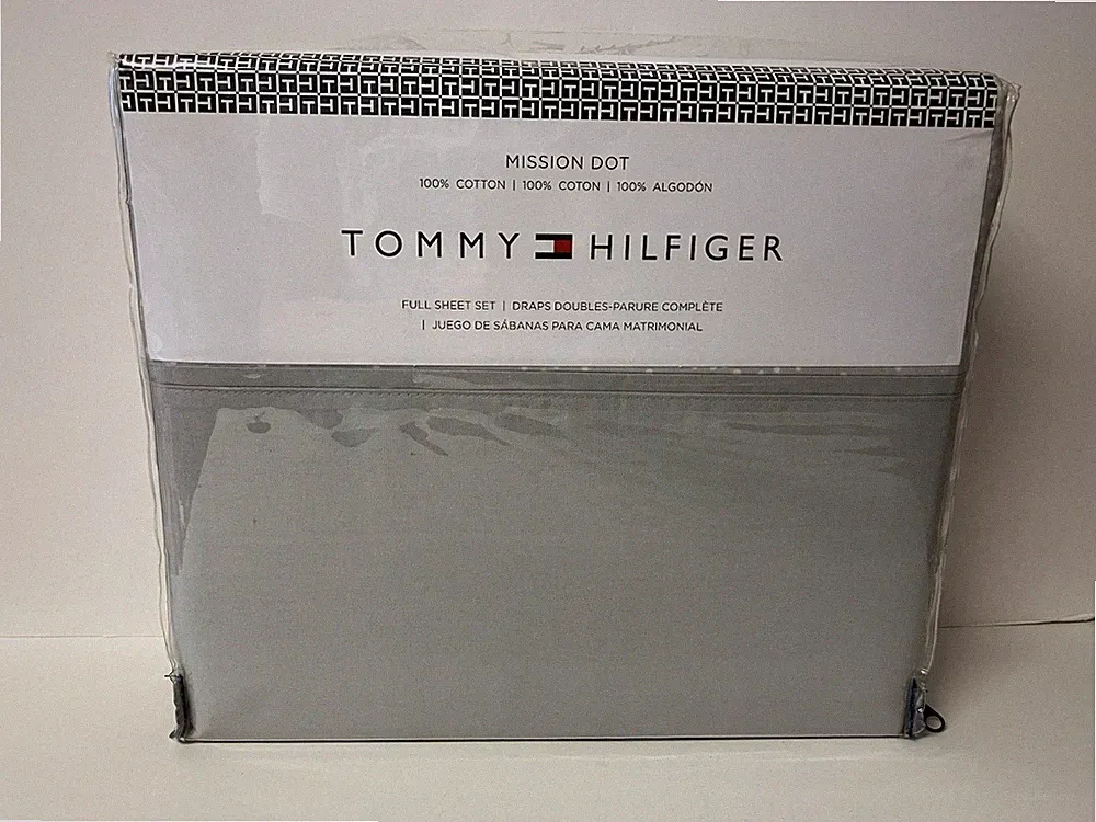Tommy Hilfiger 4 Piece Full Sheet Set Mission Dot Gray / White Polka Dots NEW