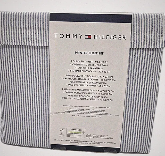 Tommy Hilfiger 4 Piece Queen Size Sheet Set Ithaca Thin Blue White Oxford NEW