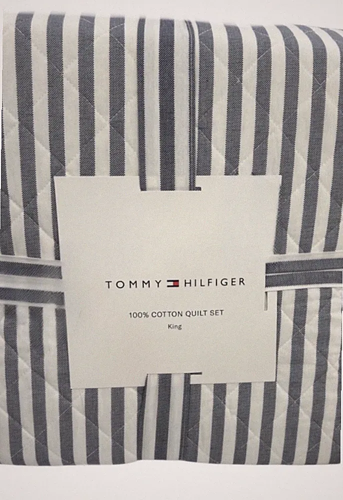 Tommy Hilfiger Blue and White Striped Cotton Quilt Set 104”x96”