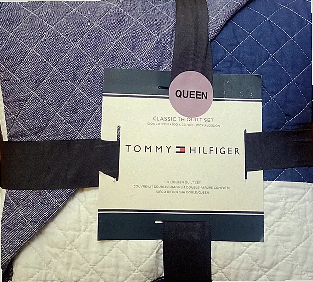 TOMMY HILFIGER BLUE WHITE CABANA STRIPE FULL QUEEN QUILT SET W / SHAMS 3PC