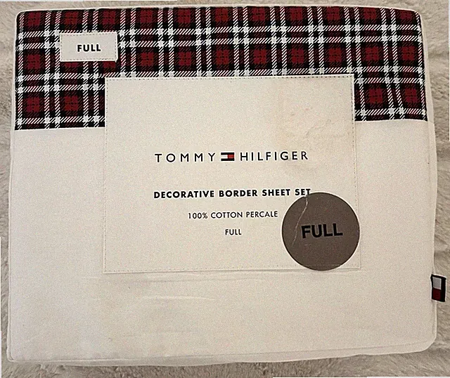 Tommy Hilfiger FULL Decorative Border 4 Pc Sheet Set 100% Cotton Percale Plaid