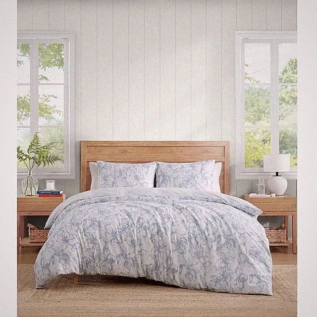 Tommy Hilfiger Full Queen Duvet Set Blue Floral 100% Cotton Slub NEW