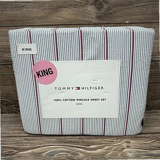 Tommy Hilfiger Ithaca Stripe KING Sheet Set 100% Cotton White Blue Red NEW