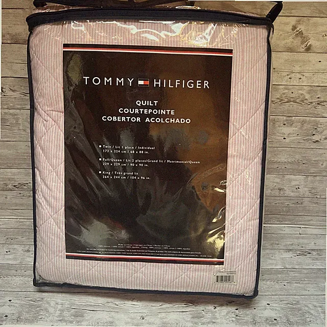 Tommy Hilfiger ITHACA STRIPE ROSE White & Pink Full/Queen Quilt Comforter NEW