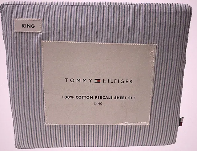 Tommy Hilfiger King Sheet Set Ithaca Bicolor Blue Stripe 100% Cotton, New 4 Pc