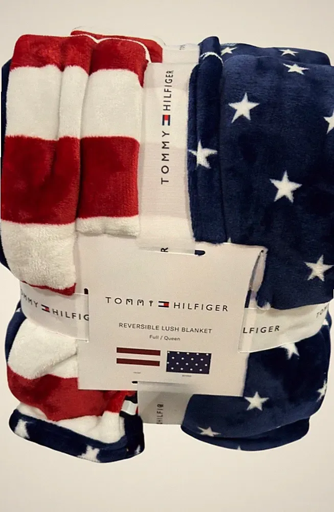 Tommy Hilfiger Patriotic Red, White and Blue Plush Reversible Queen Blanket