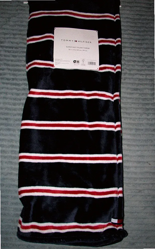 TOMMY HILFIGER Plush Poly Throw/ Blanket 50" x 70" (Red, White & Blue)