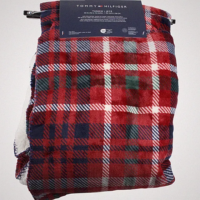 Tommy Hilfiger Plush Sherpa Throw Blanket 50" x 70" Plaid Christmas Dark Red