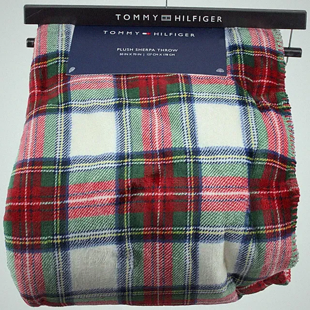 Tommy Hilfiger Plush Sherpa Throw Blanket 50" x 70" Red Green Plaid Christmas