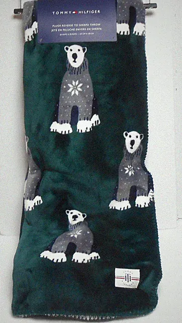 Tommy Hilfiger Plush Sherpa Throw Blanket Emerald Green 50" x 70" Polar Bears