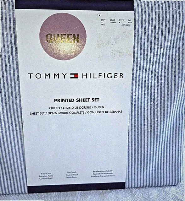 Tommy Hilfiger Queen Sheet Set Blue White Striped 4pc Cotton Blend New