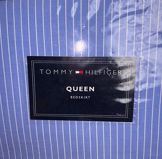 TOMMY HILFIGER Queen Size BED SKIRT LINCOLN AVENUE Blue White Stripe NIP