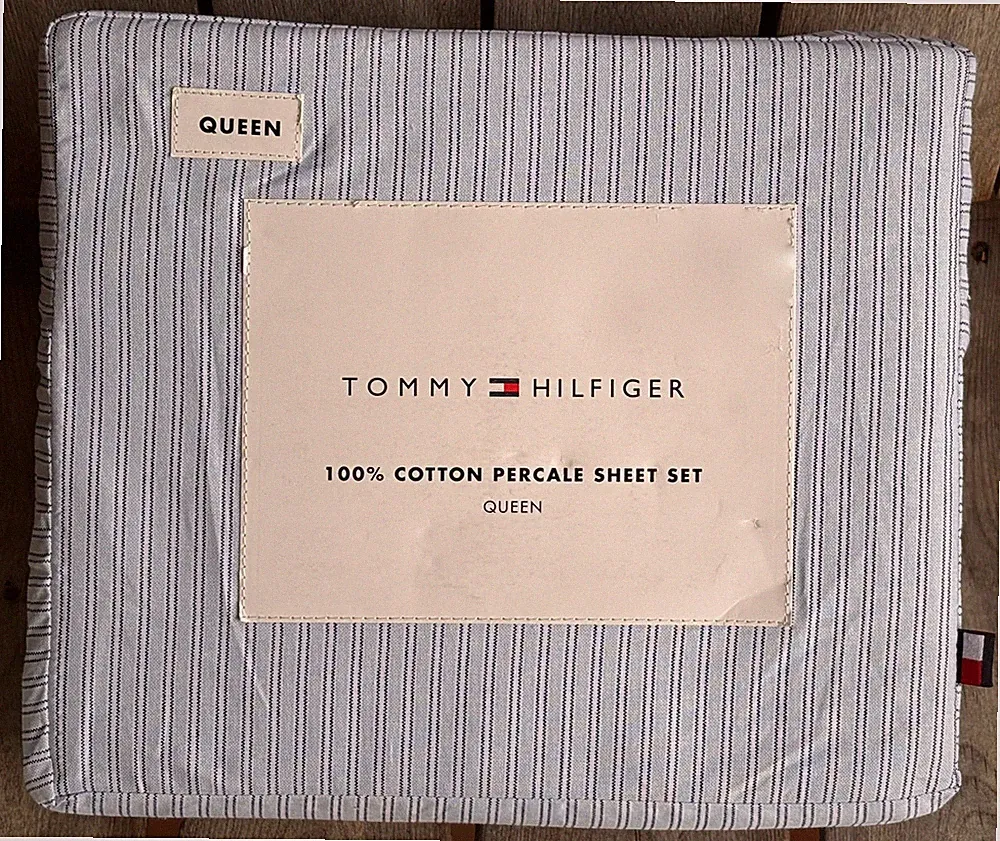 Tommy Hilfiger QUEEN SIze Sheet Set HIGHLAND TICKING Stripe Crisp Percale Cotton