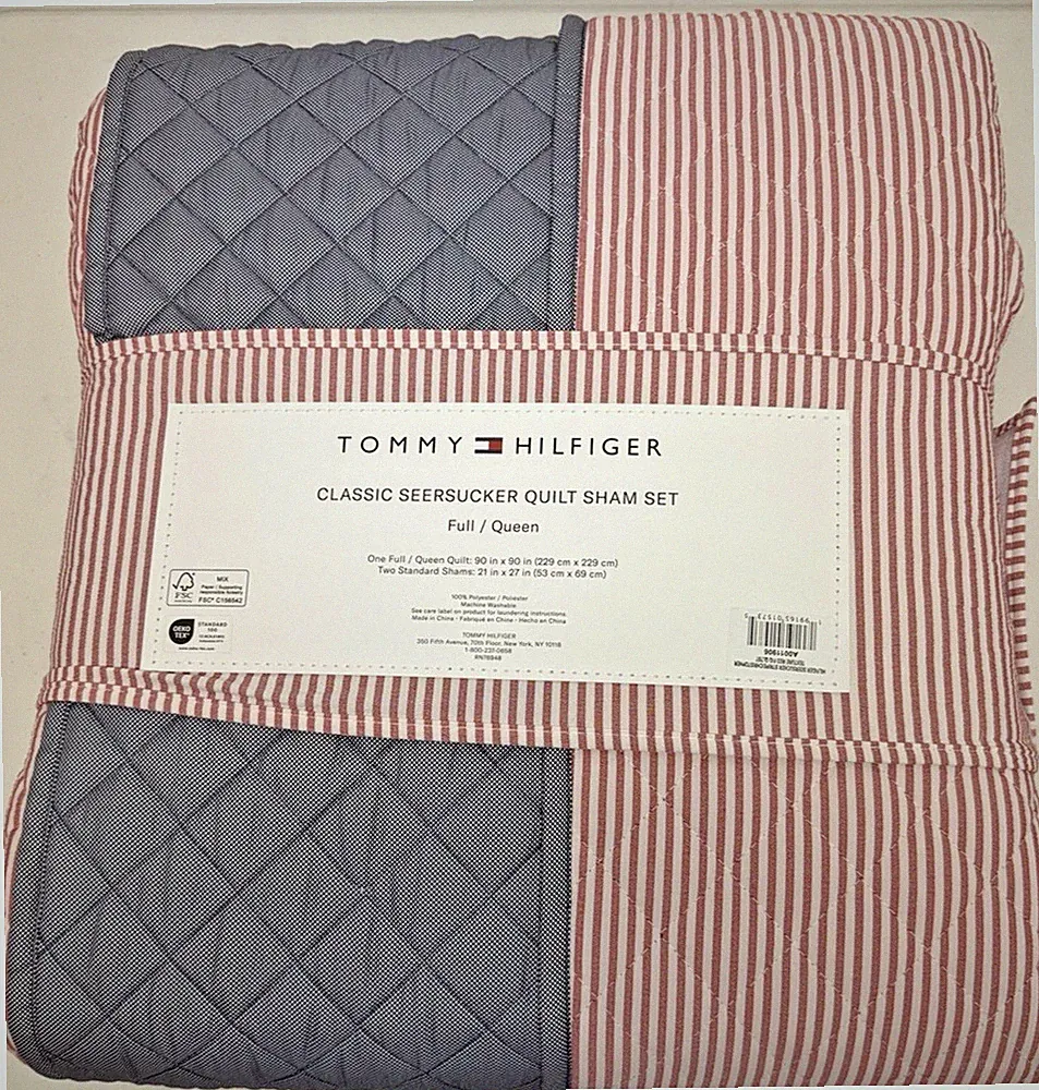 Tommy Hilfiger Red, White and Blue Striped Queen Seersucker Quilt Set 90”x90”