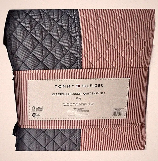 Tommy Hilfiger Red, White and Blue Striped Seersucker Quilt Set 104”x96”