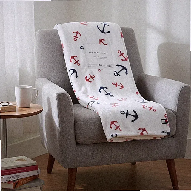 Tommy Hilfiger Throw Blanket Blue White Anchors Plush Fleece Nautical Theme NWT