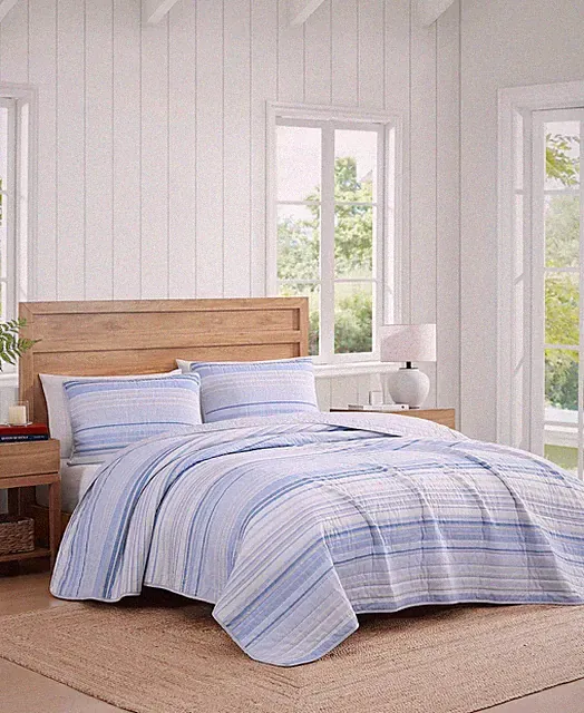 Tommy Hilfiger Twin Set 100% Cotton Quilt Set - Bold Stripe Textured Blue