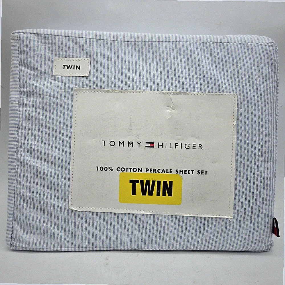 Tommy Hilfiger Twin Sheet Set Cotton Percale Blue White Pin Striped 3pc Ithica