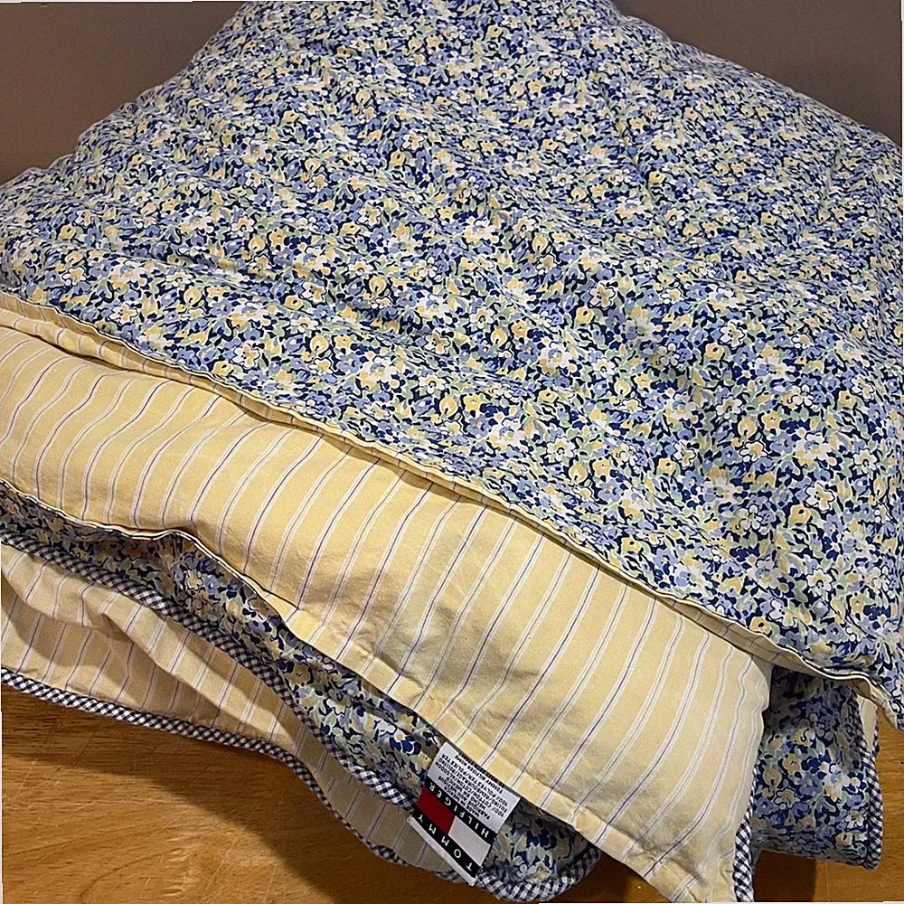 Vtg Tommy Hilfiger Elizabeth Anne Full Comforter Blue Yellow Floral Striped Rev